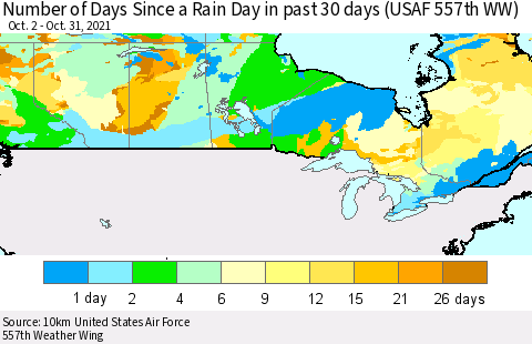 Canada Number of Days Since a Rain Day in past 30 days (USAF 557th WW) Thematic Map For 10/26/2021 - 10/31/2021