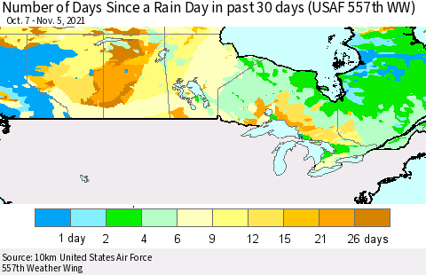 Canada Number of Days Since a Rain Day in past 30 days (USAF 557th WW) Thematic Map For 11/1/2021 - 11/5/2021