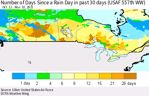 Canada Number of Days Since a Rain Day in past 30 days (USAF 557th WW) Thematic Map For 11/6/2021 - 11/10/2021