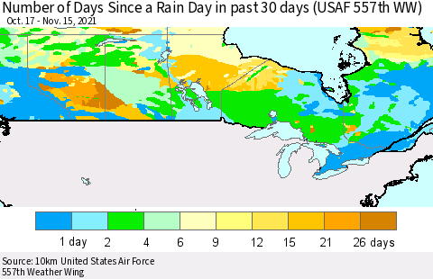 Canada Number of Days Since a Rain Day in past 30 days (USAF 557th WW) Thematic Map For 11/11/2021 - 11/15/2021