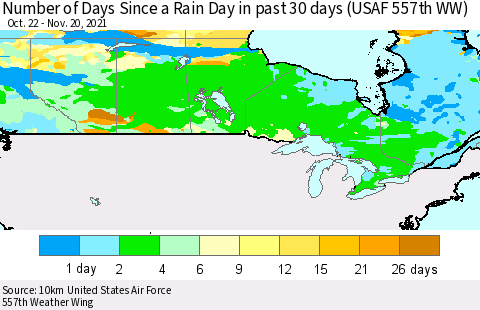 Canada Number of Days Since a Rain Day in past 30 days (USAF 557th WW) Thematic Map For 11/16/2021 - 11/20/2021