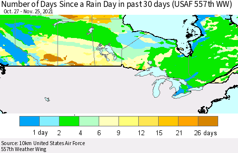 Canada Number of Days Since a Rain Day in past 30 days (USAF 557th WW) Thematic Map For 11/21/2021 - 11/25/2021