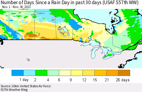 Canada Number of Days Since a Rain Day in past 30 days (USAF 557th WW) Thematic Map For 11/26/2021 - 11/30/2021