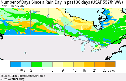 Canada Number of Days Since a Rain Day in past 30 days (USAF 557th WW) Thematic Map For 12/1/2021 - 12/5/2021