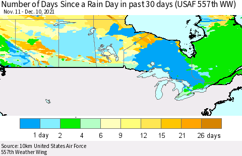 Canada Number of Days Since a Rain Day in past 30 days (USAF 557th WW) Thematic Map For 12/6/2021 - 12/10/2021