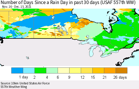 Canada Number of Days Since a Rain Day in past 30 days (USAF 557th WW) Thematic Map For 12/11/2021 - 12/15/2021