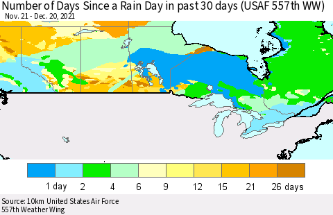Canada Number of Days Since a Rain Day in past 30 days (USAF 557th WW) Thematic Map For 12/16/2021 - 12/20/2021
