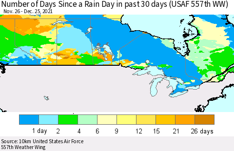 Canada Number of Days Since a Rain Day in past 30 days (USAF 557th WW) Thematic Map For 12/21/2021 - 12/25/2021
