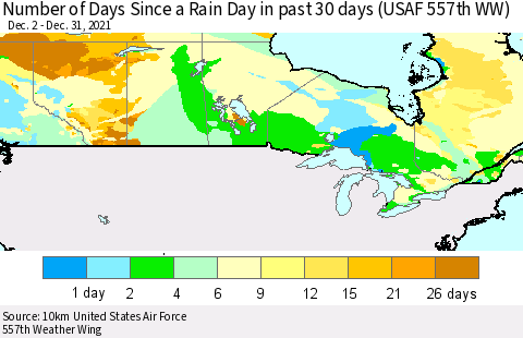 Canada Number of Days Since a Rain Day in past 30 days (USAF 557th WW) Thematic Map For 12/26/2021 - 12/31/2021