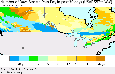 Canada Number of Days Since a Rain Day in past 30 days (USAF 557th WW) Thematic Map For 1/1/2022 - 1/5/2022