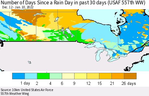 Canada Number of Days Since a Rain Day in past 30 days (USAF 557th WW) Thematic Map For 1/6/2022 - 1/10/2022