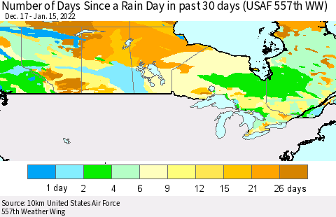 Canada Number of Days Since a Rain Day in past 30 days (USAF 557th WW) Thematic Map For 1/11/2022 - 1/15/2022
