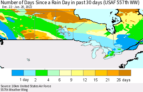 Canada Number of Days Since a Rain Day in past 30 days (USAF 557th WW) Thematic Map For 1/16/2022 - 1/20/2022