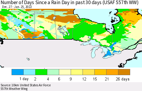 Canada Number of Days Since a Rain Day in past 30 days (USAF 557th WW) Thematic Map For 1/21/2022 - 1/25/2022