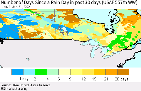 Canada Number of Days Since a Rain Day in past 30 days (USAF 557th WW) Thematic Map For 1/26/2022 - 1/31/2022