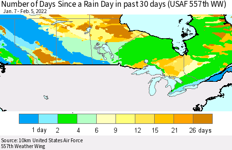 Canada Number of Days Since a Rain Day in past 30 days (USAF 557th WW) Thematic Map For 2/1/2022 - 2/5/2022