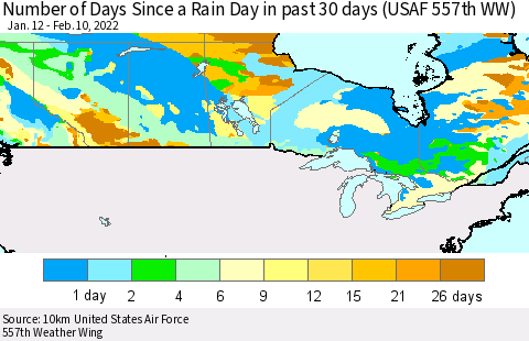 Canada Number of Days Since a Rain Day in past 30 days (USAF 557th WW) Thematic Map For 2/6/2022 - 2/10/2022