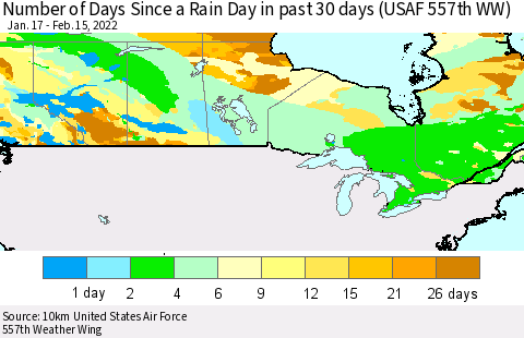 Canada Number of Days Since a Rain Day in past 30 days (USAF 557th WW) Thematic Map For 2/11/2022 - 2/15/2022