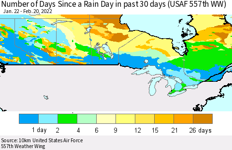 Canada Number of Days Since a Rain Day in past 30 days (USAF 557th WW) Thematic Map For 2/16/2022 - 2/20/2022