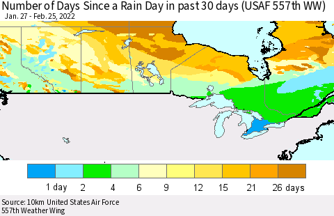 Canada Number of Days Since a Rain Day in past 30 days (USAF 557th WW) Thematic Map For 2/21/2022 - 2/25/2022
