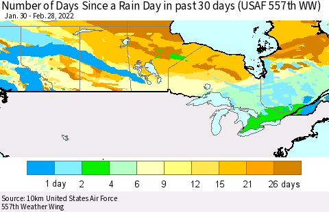 Canada Number of Days Since a Rain Day in past 30 days (USAF 557th WW) Thematic Map For 2/26/2022 - 2/28/2022