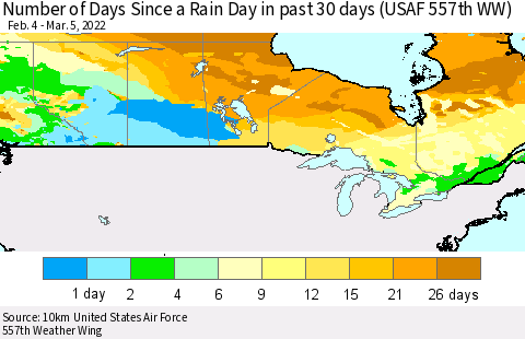 Canada Number of Days Since a Rain Day in past 30 days (USAF 557th WW) Thematic Map For 3/1/2022 - 3/5/2022