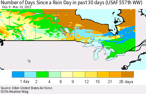 Canada Number of Days Since a Rain Day in past 30 days (USAF 557th WW) Thematic Map For 3/6/2022 - 3/10/2022
