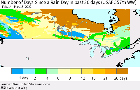 Canada Number of Days Since a Rain Day in past 30 days (USAF 557th WW) Thematic Map For 3/11/2022 - 3/15/2022