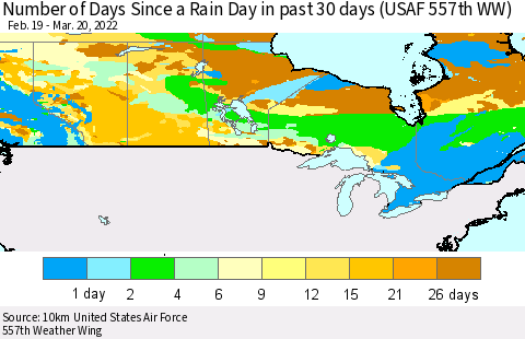 Canada Number of Days Since a Rain Day in past 30 days (USAF 557th WW) Thematic Map For 3/16/2022 - 3/20/2022