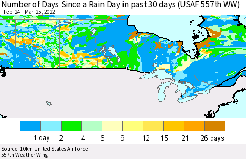 Canada Number of Days Since a Rain Day in past 30 days (USAF 557th WW) Thematic Map For 3/21/2022 - 3/25/2022