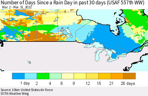 Canada Number of Days Since a Rain Day in past 30 days (USAF 557th WW) Thematic Map For 3/26/2022 - 3/31/2022