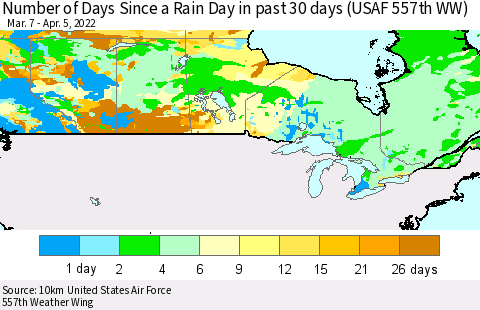 Canada Number of Days Since a Rain Day in past 30 days (USAF 557th WW) Thematic Map For 4/1/2022 - 4/5/2022
