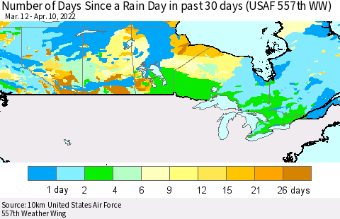 Canada Number of Days Since a Rain Day in past 30 days (USAF 557th WW) Thematic Map For 4/6/2022 - 4/10/2022