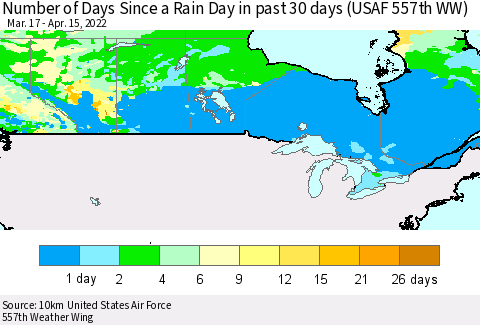 Canada Number of Days Since a Rain Day in past 30 days (USAF 557th WW) Thematic Map For 4/11/2022 - 4/15/2022