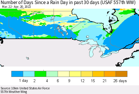Canada Number of Days Since a Rain Day in past 30 days (USAF 557th WW) Thematic Map For 4/16/2022 - 4/20/2022