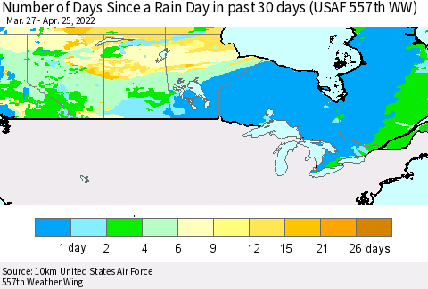 Canada Number of Days Since a Rain Day in past 30 days (USAF 557th WW) Thematic Map For 4/21/2022 - 4/25/2022
