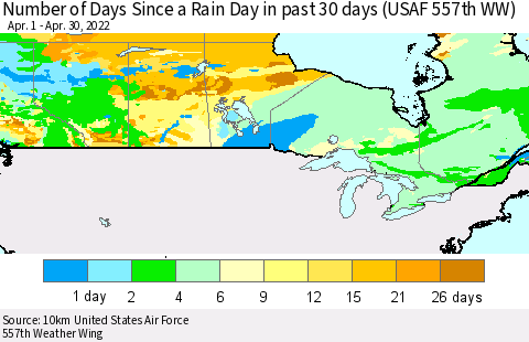 Canada Number of Days Since a Rain Day in past 30 days (USAF 557th WW) Thematic Map For 4/26/2022 - 4/30/2022