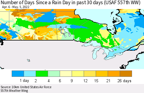 Canada Number of Days Since a Rain Day in past 30 days (USAF 557th WW) Thematic Map For 5/1/2022 - 5/5/2022