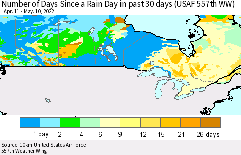 Canada Number of Days Since a Rain Day in past 30 days (USAF 557th WW) Thematic Map For 5/6/2022 - 5/10/2022