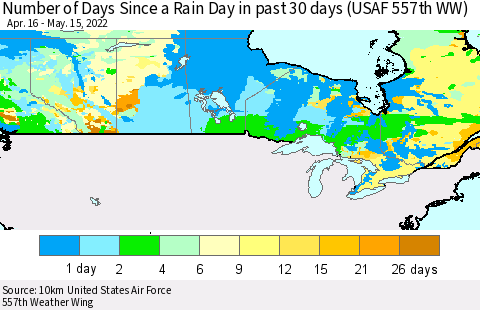 Canada Number of Days Since a Rain Day in past 30 days (USAF 557th WW) Thematic Map For 5/11/2022 - 5/15/2022