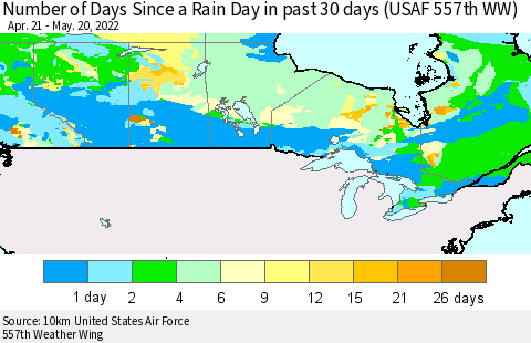 Canada Number of Days Since a Rain Day in past 30 days (USAF 557th WW) Thematic Map For 5/16/2022 - 5/20/2022