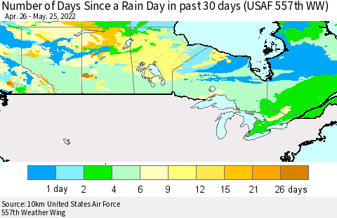 Canada Number of Days Since a Rain Day in past 30 days (USAF 557th WW) Thematic Map For 5/21/2022 - 5/25/2022