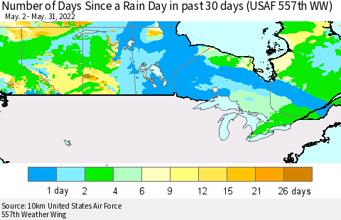 Canada Number of Days Since a Rain Day in past 30 days (USAF 557th WW) Thematic Map For 5/26/2022 - 5/31/2022