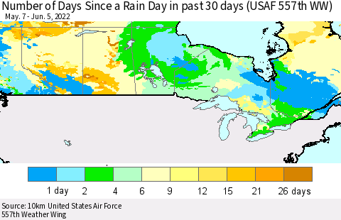 Canada Number of Days Since a Rain Day in past 30 days (USAF 557th WW) Thematic Map For 6/1/2022 - 6/5/2022
