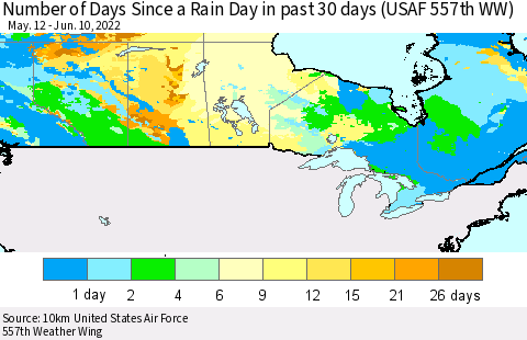 Canada Number of Days Since a Rain Day in past 30 days (USAF 557th WW) Thematic Map For 6/6/2022 - 6/10/2022