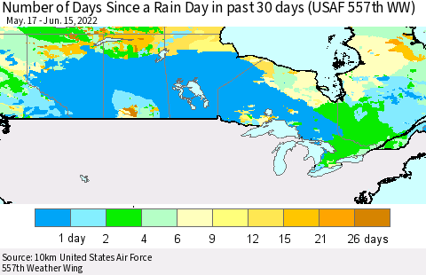 Canada Number of Days Since a Rain Day in past 30 days (USAF 557th WW) Thematic Map For 6/11/2022 - 6/15/2022