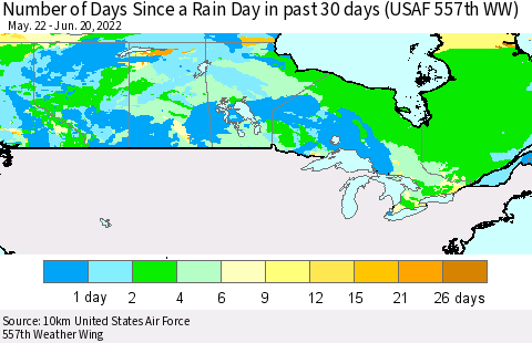 Canada Number of Days Since a Rain Day in past 30 days (USAF 557th WW) Thematic Map For 6/16/2022 - 6/20/2022