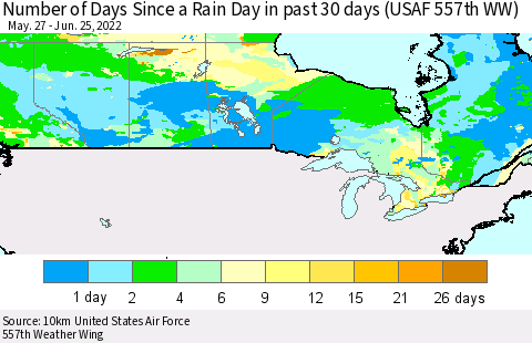 Canada Number of Days Since a Rain Day in past 30 days (USAF 557th WW) Thematic Map For 6/21/2022 - 6/25/2022