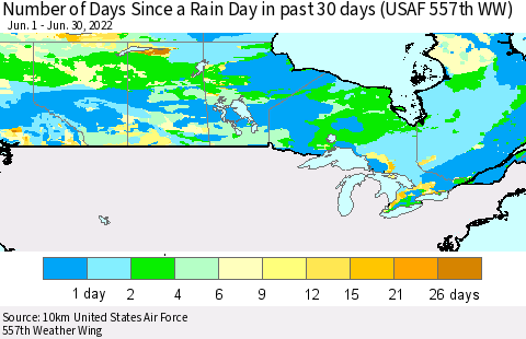 Canada Number of Days Since a Rain Day in past 30 days (USAF 557th WW) Thematic Map For 6/26/2022 - 6/30/2022