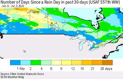 Canada Number of Days Since a Rain Day in past 30 days (USAF 557th WW) Thematic Map For 7/1/2022 - 7/5/2022